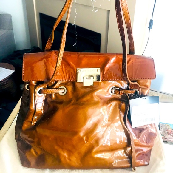 Jimmy Choo Handbags - JIMMY CHOO Bronze Patent Leather Gold LG Bag NEW